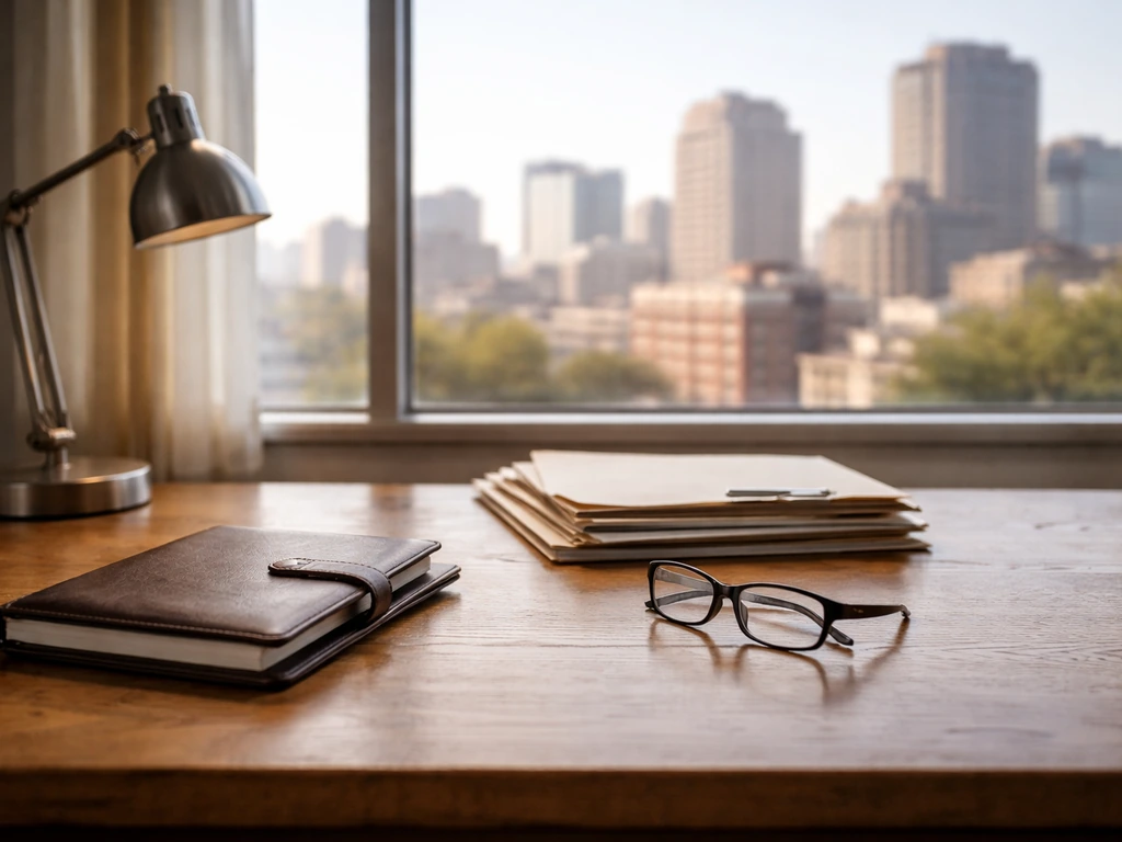 Minimal photo of a real estate office with a desk, papers, and a city skyline visible through a window.