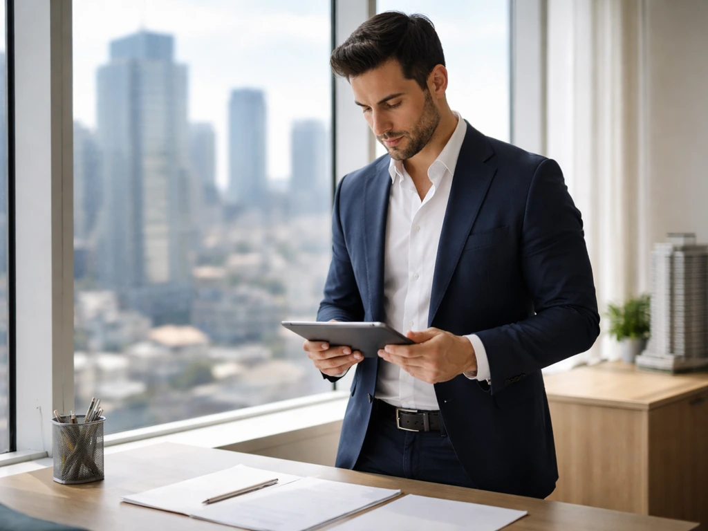 Anonymous real estate managing partner in a modern office, looking over a city skyline with a tablet